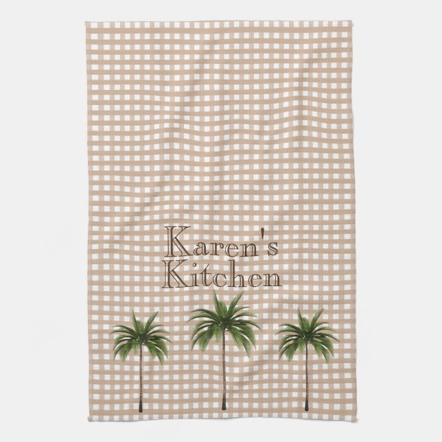 Personalised Gingham Check | Green Palm Trees Tea Towel (Vertical)