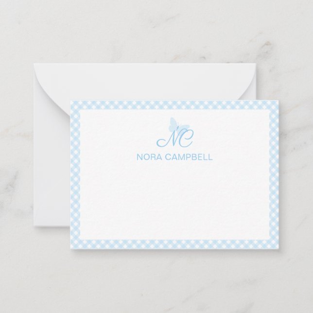 Personalised Gingham Cute Baby Blue Monogram Card (Front)