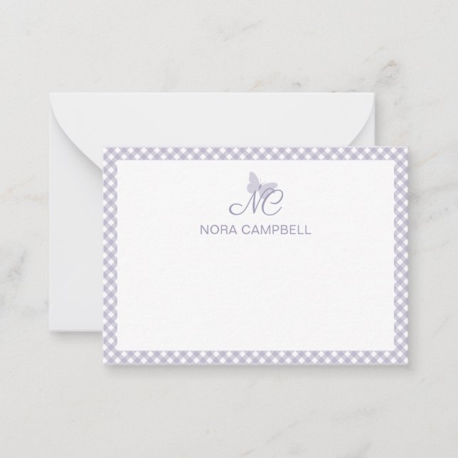 Personalised Gingham Lavender Elegant Monogram Card (Front)