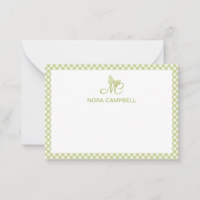 Personalised Gingham Light Green Elegant Monogram Card (Front)