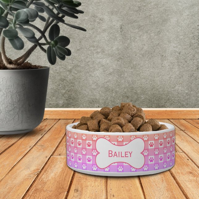 Personalised Gingham with Paw Prints Bone Pet Bowl (Creator Uploaded)