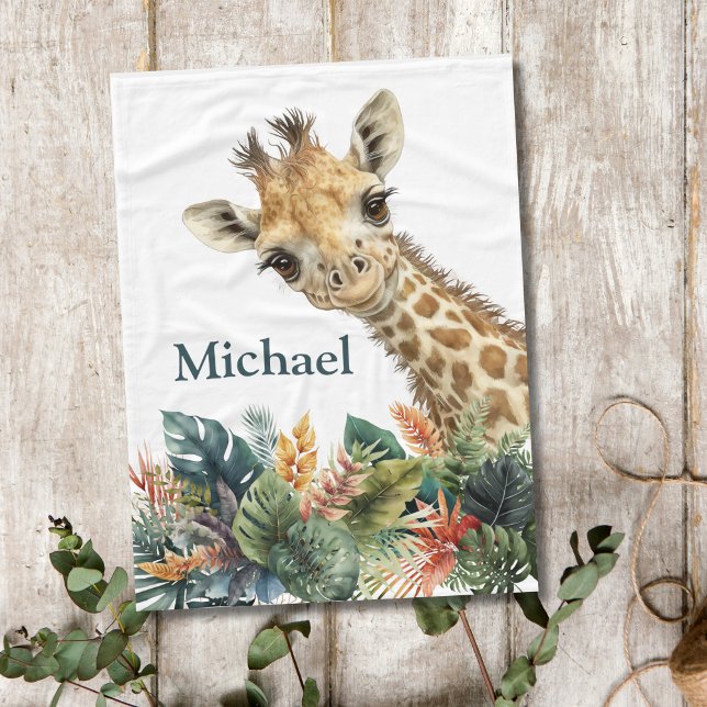Personalised Giraffe Cute Watercolor Nursery Baby Fleece Blanket (Personalized Giraffe Baby Blanket. 30x40 inches.)