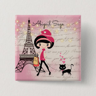 Personalised Girl and Cat in Paris Eiffel Tower 15 Cm Square Badge