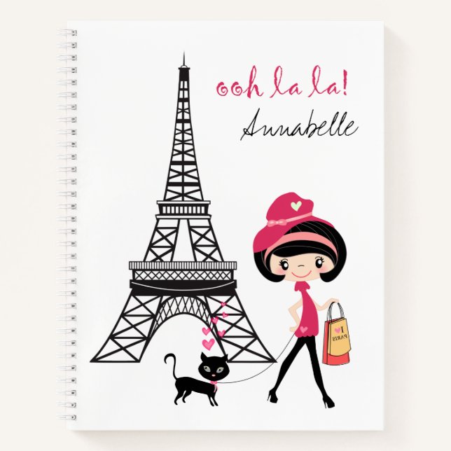 Personalised Girl and Cat Paris Eiffel Tower Notebook (Front)