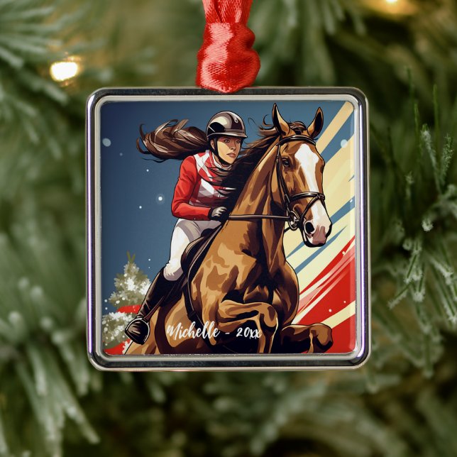 Personalised Girl and Horse Jumping Christmas Metal Tree Decoration (Tree)