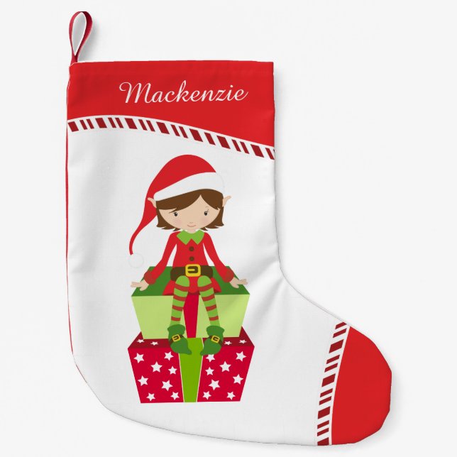 Personalised Girl Elf Small Christmas Stocking (Front)