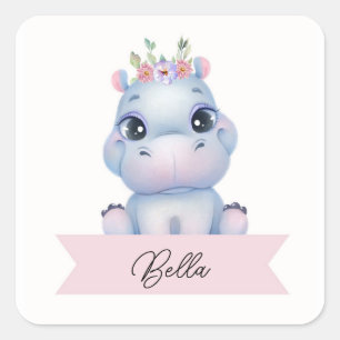 Personalised girl hippo square sticker