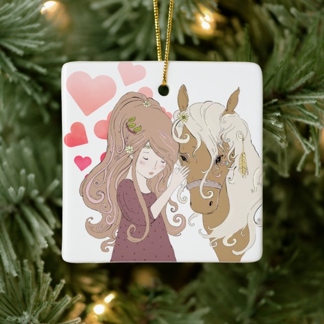 Personalised Girl, Horse and Hearts Christmas Ceramic Ornament (Tree)