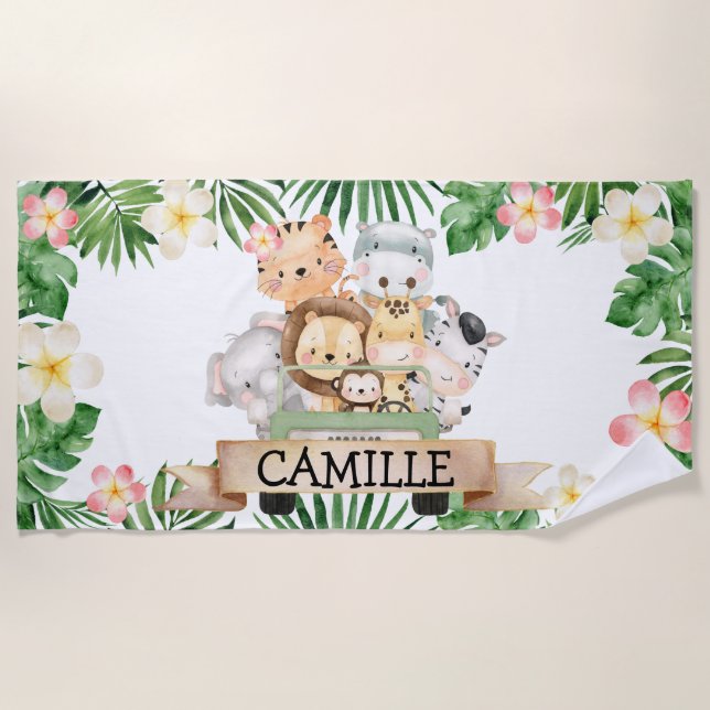 Personalised Girl Jungle Safari Kids Beach Towel (Front)