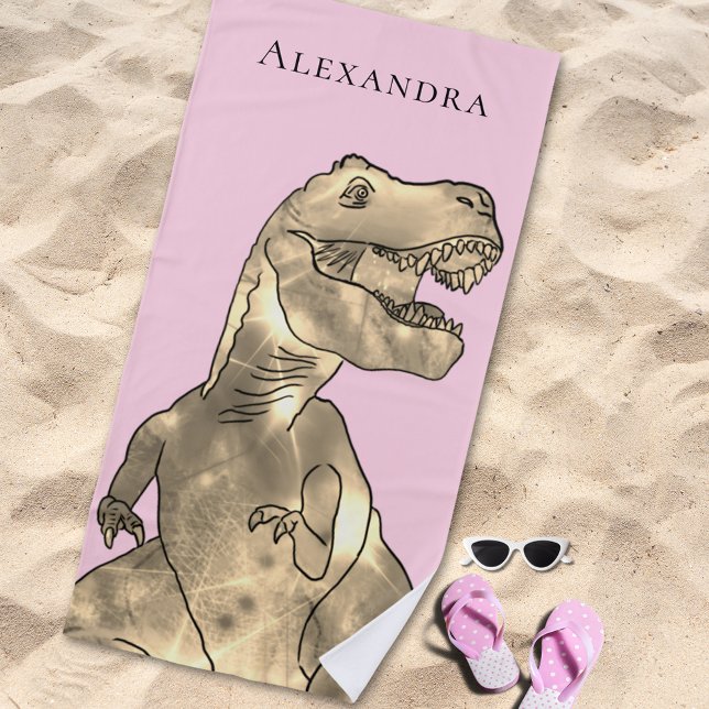 Personalised Girl Name Dinosaur Beach Towel (Personalized girl monogram name dinosaur pink beach towel Jurassic T-Rex dino modern typography )