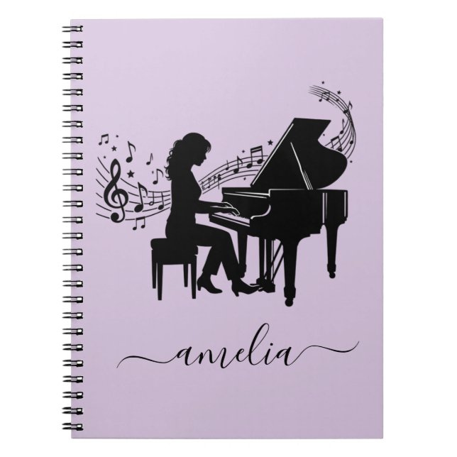 Personalised Girl Pianist Silhouette Music Notes   Notebook (Front)