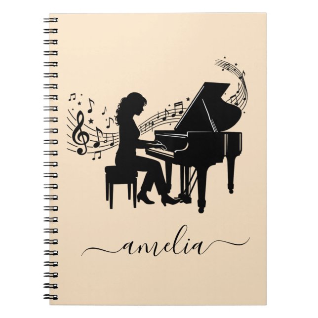 Personalised Girl Pianist Silhouette Music Notes   Notebook (Front)