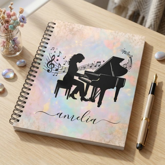 Personalised Girl Pianist Silhouette Music Notes   Notebook (Creator Uploaded)