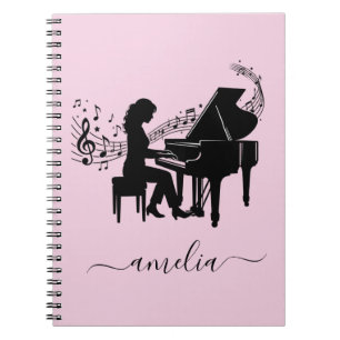 Personalised Girl Pianist Silhouette Music Notes Notebook