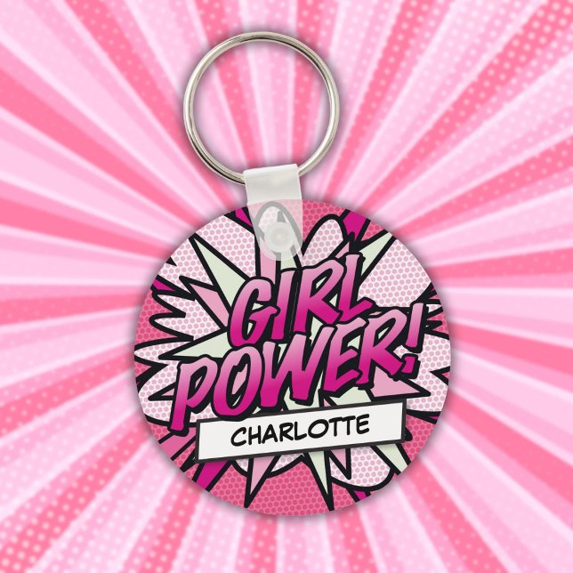 Personalised GIRL POWER Comic Book Pink Key Ring (Personalized GIRL POWER Comic Book Pink Keychain)