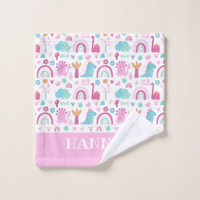 Personalised Girl Power Dinosaur Bath Towel Set (Wash Cloth)