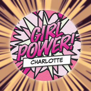 Personalised GIRL POWER Fun Comic Book Pink Classic Round Sticker