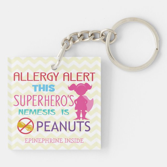 Personalised Girl Superhero Peanut Allergy Kids Key Ring (Back)