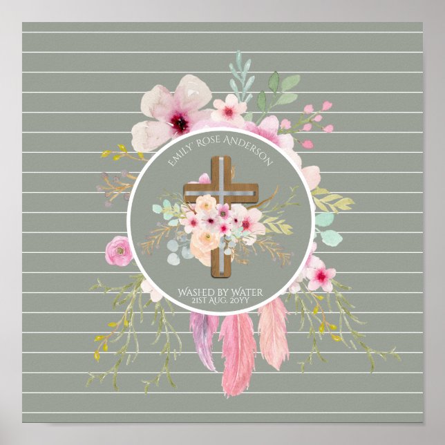 Personalised Girls BAPTISM - Floral Cross Sage Poster (Front)
