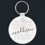 Personalised Girls Bestie Weekend Trip  Key Ring<br><div class="desc">Personalised Girls Weekend Trip Custom Key Chain with editable text and wording for your date,  destination or location,  name,  and fun quote like "besties,  buds,  and beverages" makes a fun and useful keepsake for your travel squad or bridesmaids.</div>