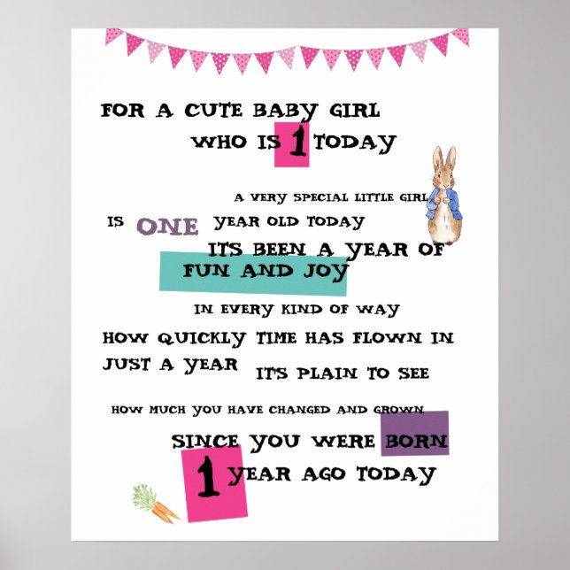 Personalised Girls Birthday Poster - Peter Rabbit (Front)