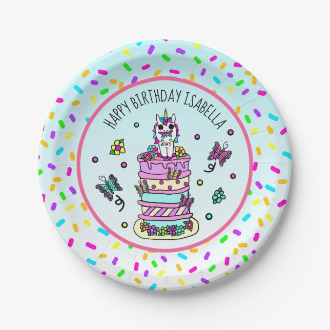 Personalised Girl's Birthday Unicorn Butterflies Paper Plate (Front)