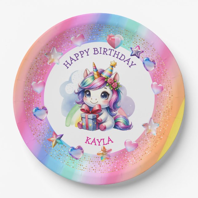 Personalised Girl's Birthday Unicorn Paper Plate (Front)