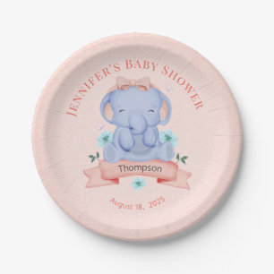 Personalised Girls Blue Elephant Coral Paper Plate