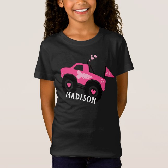 Personalised Girls Cute Pink Monster Truck T-Shirt (Front)