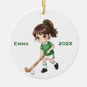 Personalised Girls (Dark Hair) Field Hockey Player Ceramic Tree Decoration