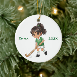 Personalised Girls Field Hockey Player Ceramic Tree Decoration