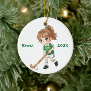 Personalised Girls Field Hockey Player Ceramic Tree Decoration