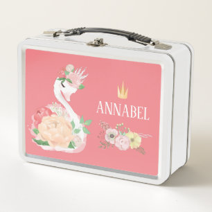 Personalised Girls floral Swan Metal Lunch Box