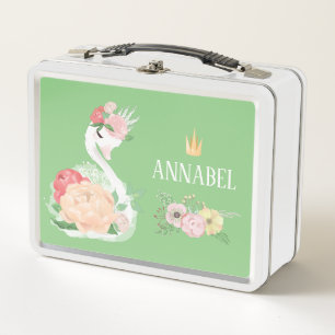 Personalised Girls floral Swan  Metal Lunch Box