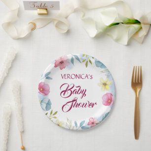 Personalised Girls Floral Watercolor Baby Shower Paper Plate