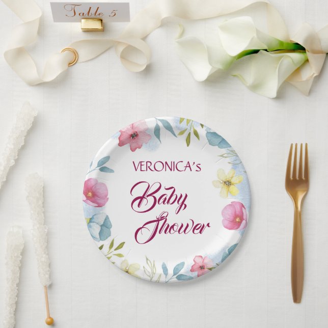 Personalised Girls Floral Watercolor Baby Shower Paper Plate (Wedding)