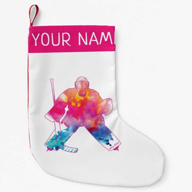 Personalised Girls Hockey Goalie Pink Watercolor Small Christmas Stocking (Front)