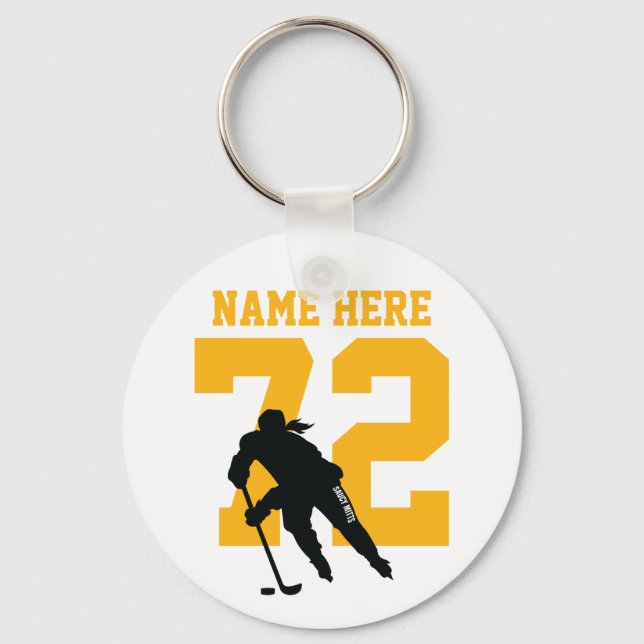 Personalised Girls Hockey Player Name Number Gold Key Ring (Front)