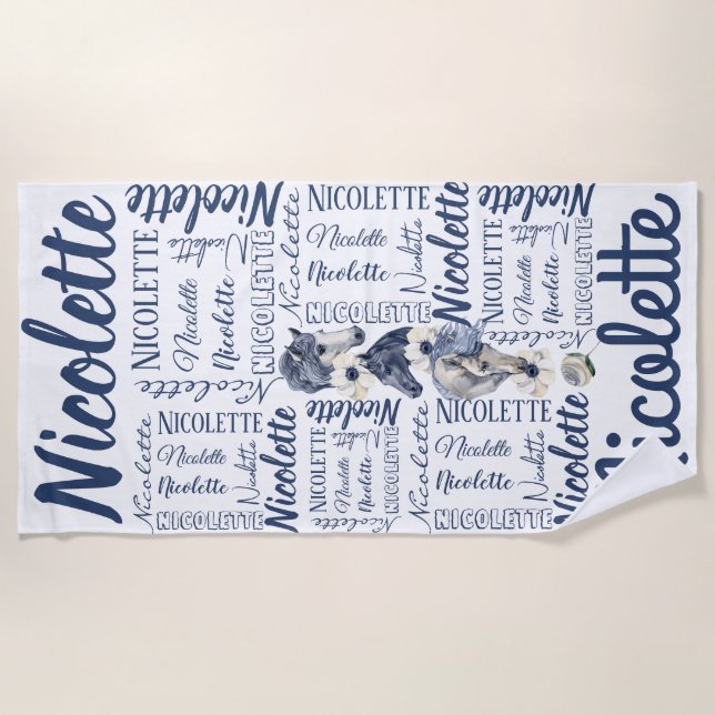 Personalised girls long name with horses  beach towel (Front)
