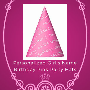 Personalised Girl's Name Birthday Pink Party Hats