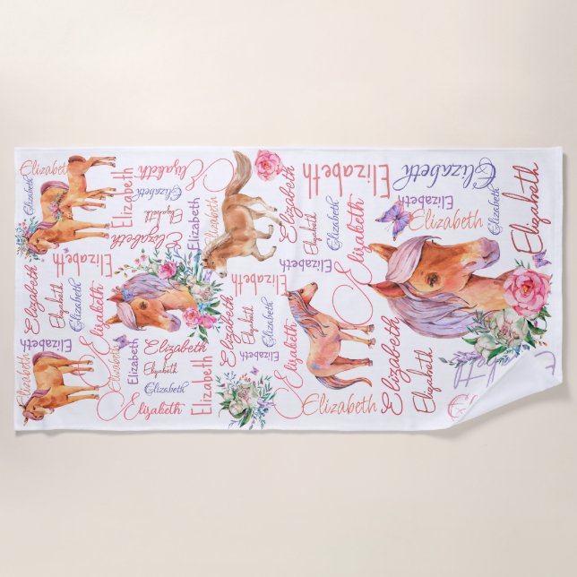 Personalised girls name collage with ponies beach towel (Front)