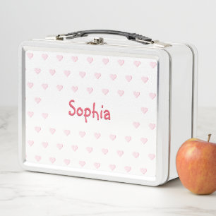 Personalised Girls Name Pink Hearts Kids School Metal Lunch Box