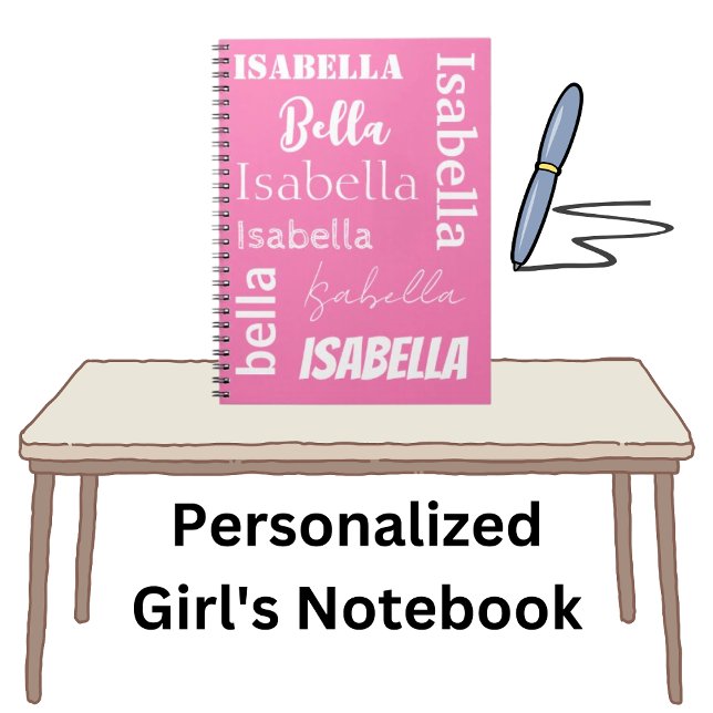 Personalised Girl's Name Pink Notebook (Name template makes it easy to add your name in different font styles.)