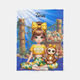 Personalised Girl's name sitting with her monkey Fleece Blanket