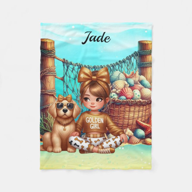 Personalised Girl's name sitting with her shells Fleece Blanket (Front)