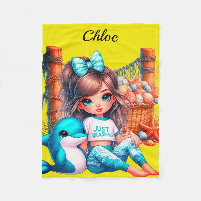 Personalised Girl's name sitting with her shells Fleece Blanket (Front)