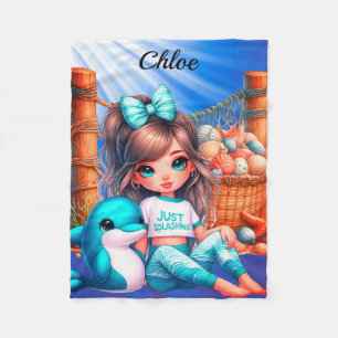 Personalised Girl's name sitting with her shells Fleece Blanket