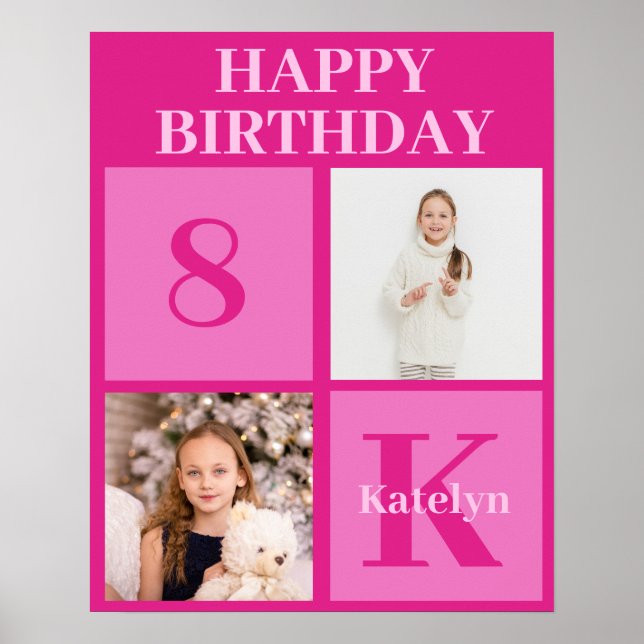 Personalised Girls Photo Hot Pink Birthday Party Poster (Front)