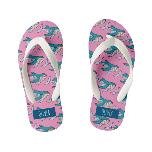 Personalised Girls Pink Blue Whale Ocean Pattern Kid's Jandals (Footbed)