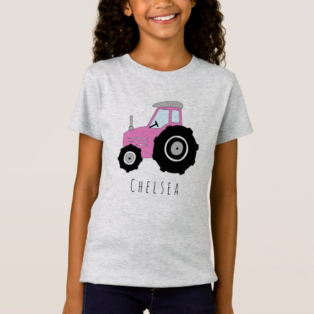 Personalised Girl's Pink Farmer's Tractor and Name T-Shirt (Front)